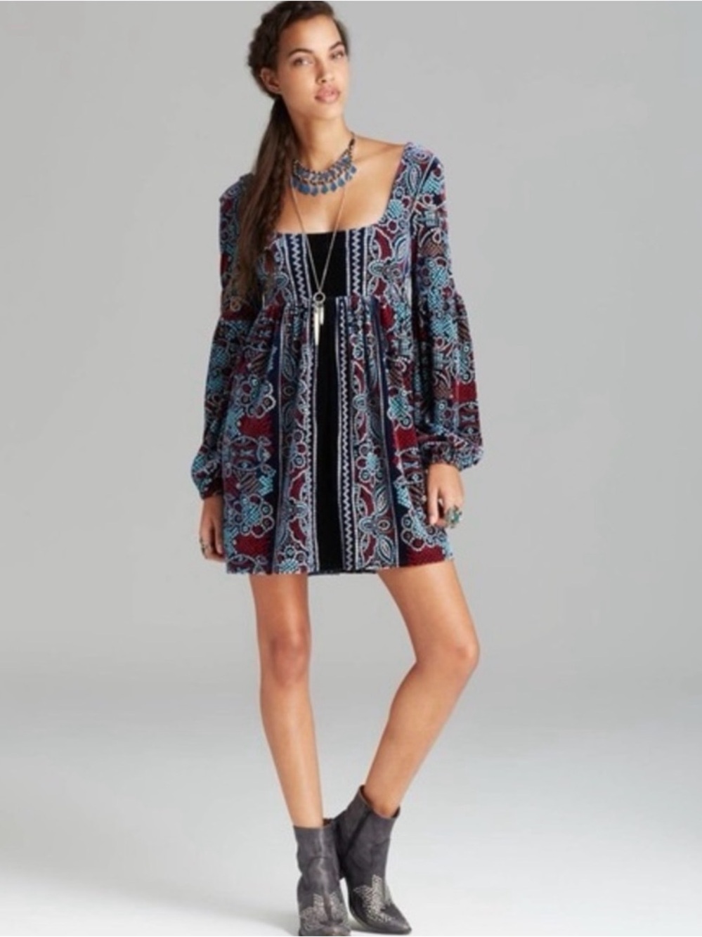 Boho Square-Neck Long Sleeve Mini Dress in Burgundy and Teal